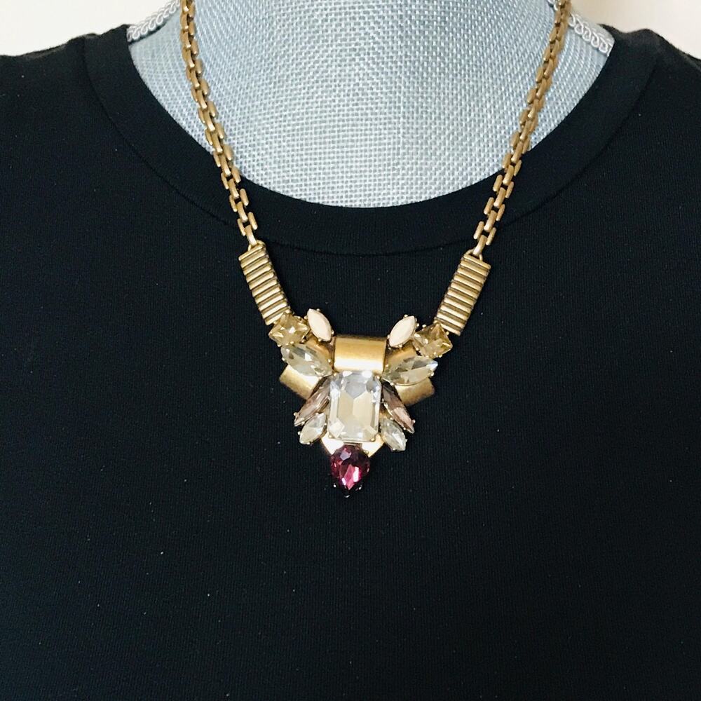 J. Crew Necklace 90s/Y2K, Art Deco Modern-Beads Rhinestones, Gold Tone Chain